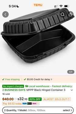 145 Black Hinged Plastic Food Containers