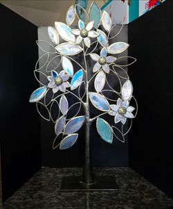 Handcrafted stained glass tree sculpture iridescent glass leaves  flower petals.39"×22"