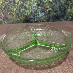 Vintage Uranium Depression Glass Divided Nut/Hummus/Dip Tray