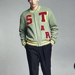 INC International Concepts Allen Onyia for INC men's varsity jacket in green and yellow. 