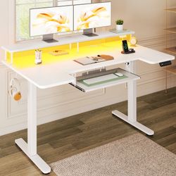 Standing Desk With Large Monitor Shelf,u Shaped Electric Standing Desk With Built-in Power Outlets, Gaming Desk With Led Light, Home Office Desk With 