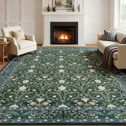 5x7 Vintage Floral Non-Slip Low Pile Area Rug, Green Multi, NEW. $45 ea or 2/$80