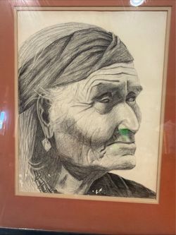 Vintage Native American Elderly Women Portrait Pencil Drawing Singed Turner