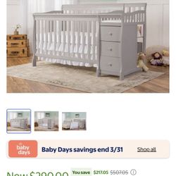 Casco 3-in-1 Mini Crib and Changing Table in Pebble Grey, Convertible Crib, Made of Pinewood, Three Position Adjustable Mattress Height Settings