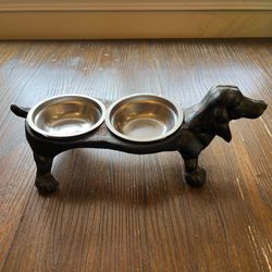 Vtg Cast Iron Dachshund Dog Food Water Bowl Holder Wiener Dish Feeder 13" Rustic
