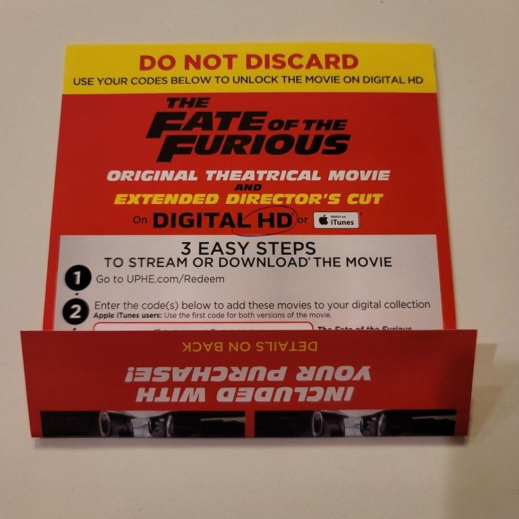$4 DIGITAL HD MOVIE. THE FATE OF THE FURIOUS. $4 OR TRADE FOR A MOVIE TITLE I DO NOT ALREADY OWN.
