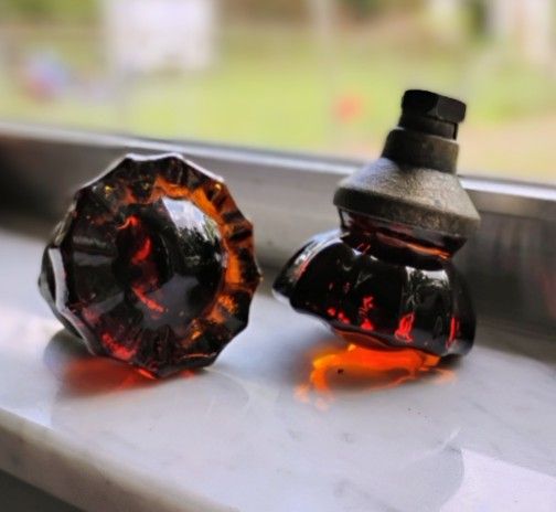 Vintage Rootbeer Amber Glass/Brass Door Knobs