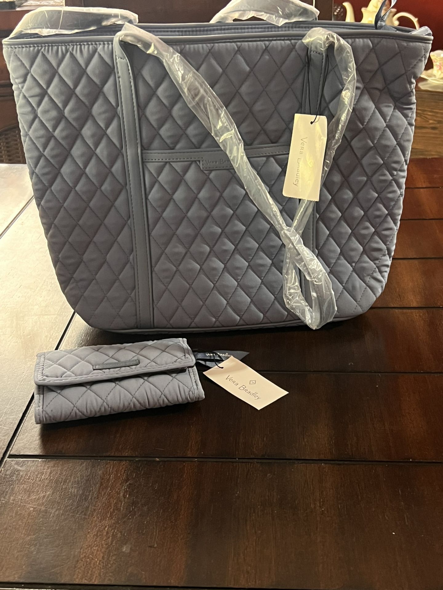 Vera Bradley Small Trimmed Vera Tote & Wallet- Rustic Blue - NWT