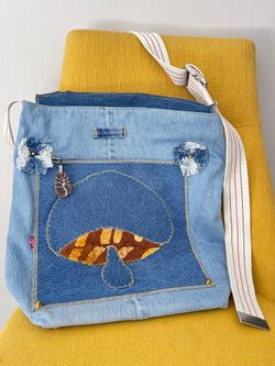 Hand made Levi’s Denim Jeans Tote Bag Crossbody Bag With Mushroom Pattern