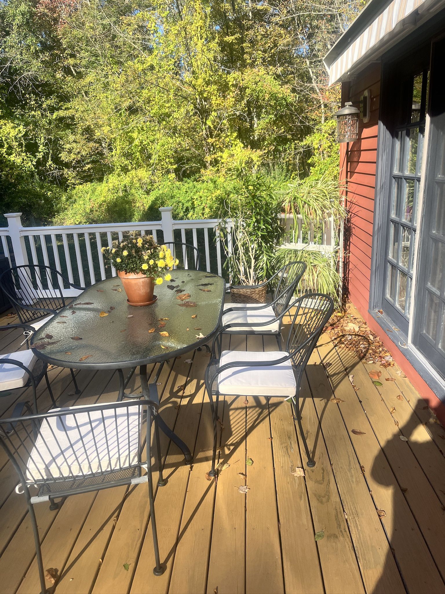 Glass Top Table With 6 Metal Chairs With Seat Cushions