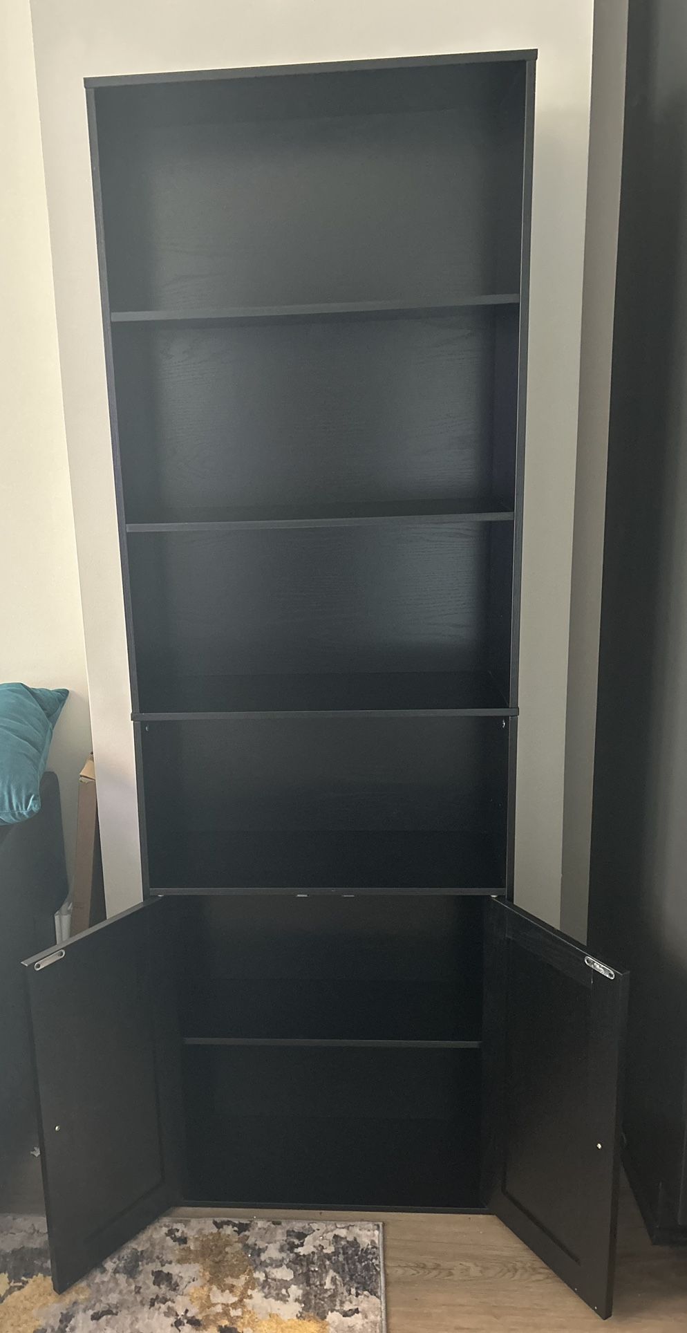 Tall Black Bookshelf with Cabinet Storage – Great Condition