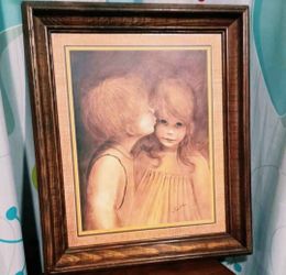 Vintage framed print "A little kiss" Margaret Keane. Mod  17x20