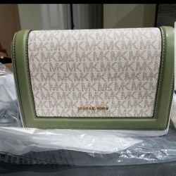 Michael Kors Jet Set Light Sage Full Flap Large Signature Chain Leather Xbody Bag