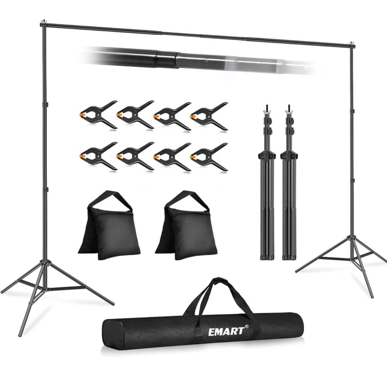 EMART Backdrop Stand 10x7ft(WxH) Photo Studio Adjustable Background Stand Support kit with 2 Crossbars, 8 Clamps, 2 Sandbags and Carry Bag for Parties
