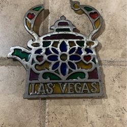 Vintage Cast Iron 6" Las Vegas Trivet Stain Glass Teapot Kettle HotPad Kitchen Retro
