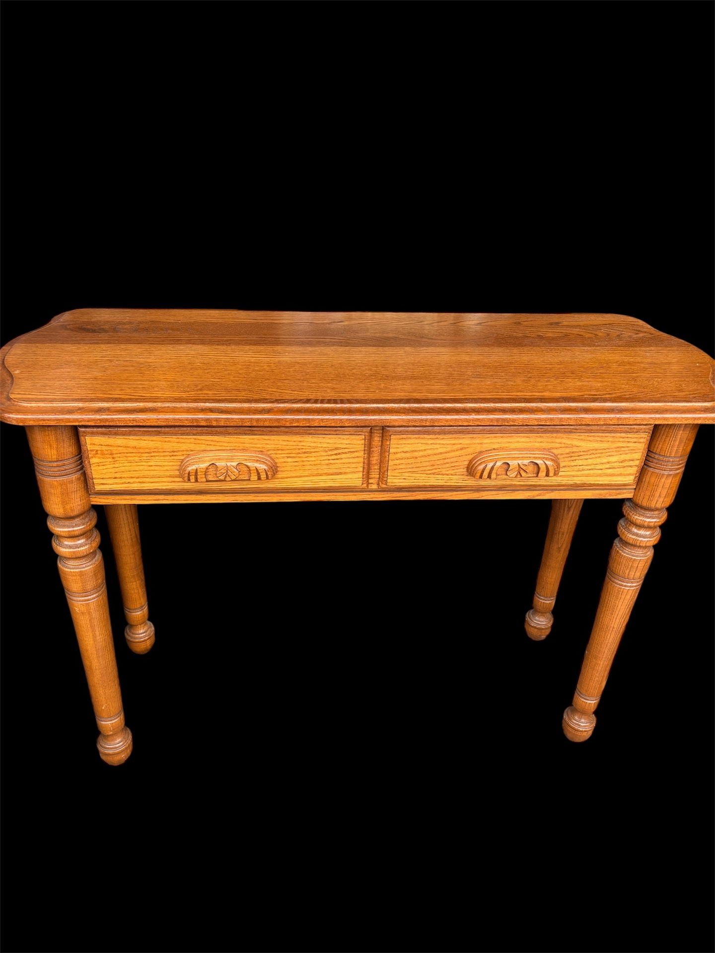 Vintage solid oak console table desk sofa table entryway cottagecore leaf drawer pulls turned legs