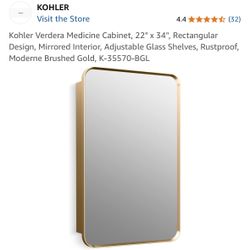 Kohler Verdera Medicine Cabinet, 22" x 34", Rectangular Design, Mirrored Interior, Adjustable Glass Shelves, Rustproof, Moderne Brushed Gold, K-35570-
