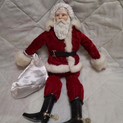 Porcelain Santa Doll With Red Velvet Suit And Black Cowboy Boots