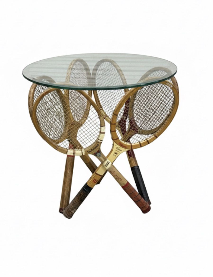 Vintage Handmade Tennis Racket Table – 24” Glass Top