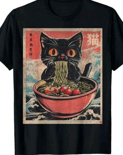 Black Cat Ramen Japanese Graphic T-Shirt