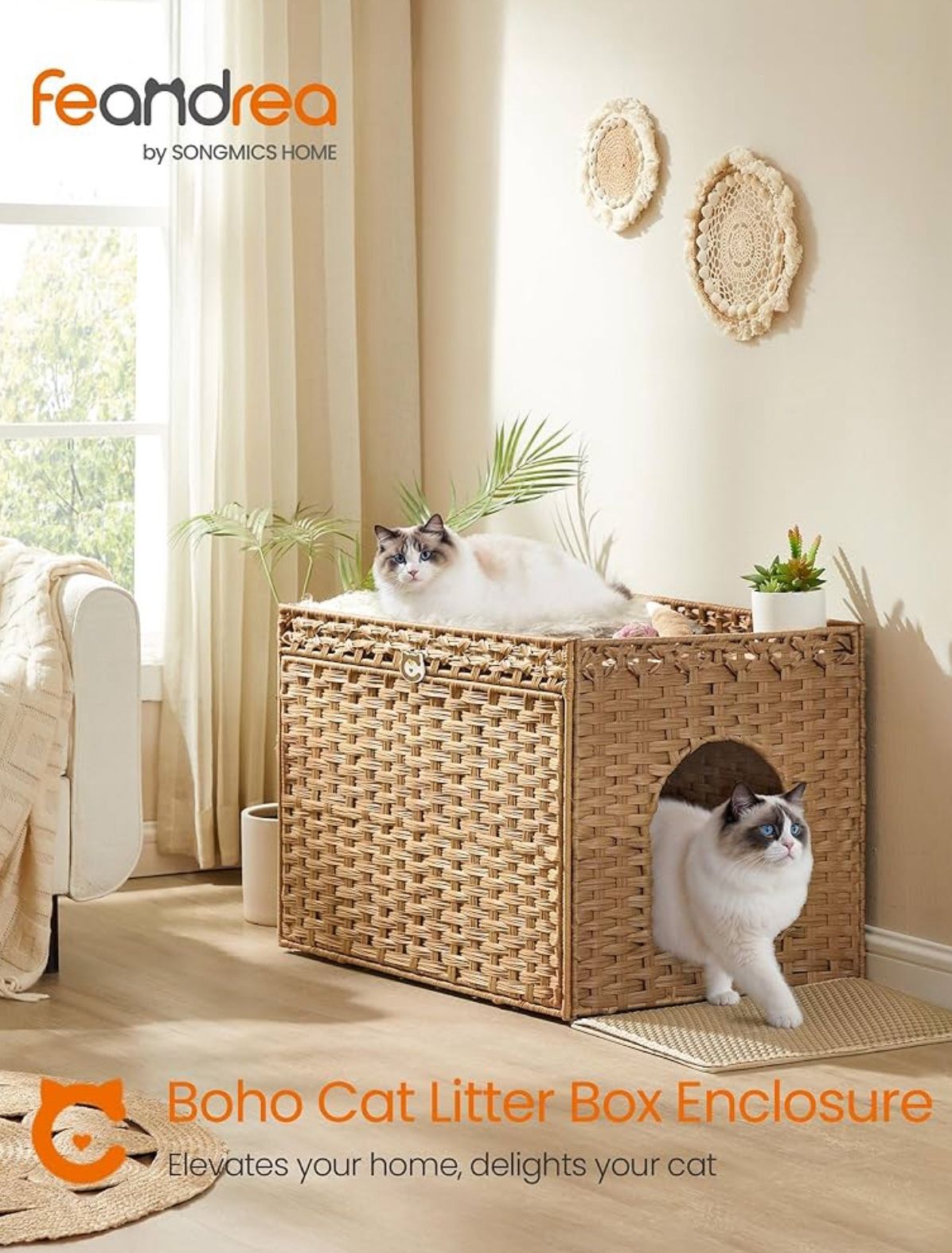 Cat Litter Box Enclosure, Handwoven Rattan Hidden Litter Box Furniture with Extra Litter Mat, Removable Washable Tray, Boho Cat House, End Table, Goos