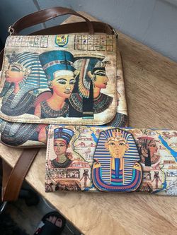 Egypt themed crossover bag with matching wallet.
