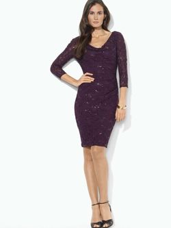 Ralph Lauren deep purple lace sequins 3/4 sleeves lined shift dress, size 8