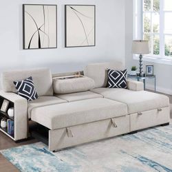 New Boucle Sleeper Sectional Couch With Storage / Free Delivery 
