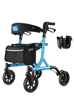 WALK MATE Rollator Walker for Seniors with Cup Holder, Upgraded Thumb Press Button for Height Adjustment, 4 x 8" Wheels Walker with Seat Padded Backre