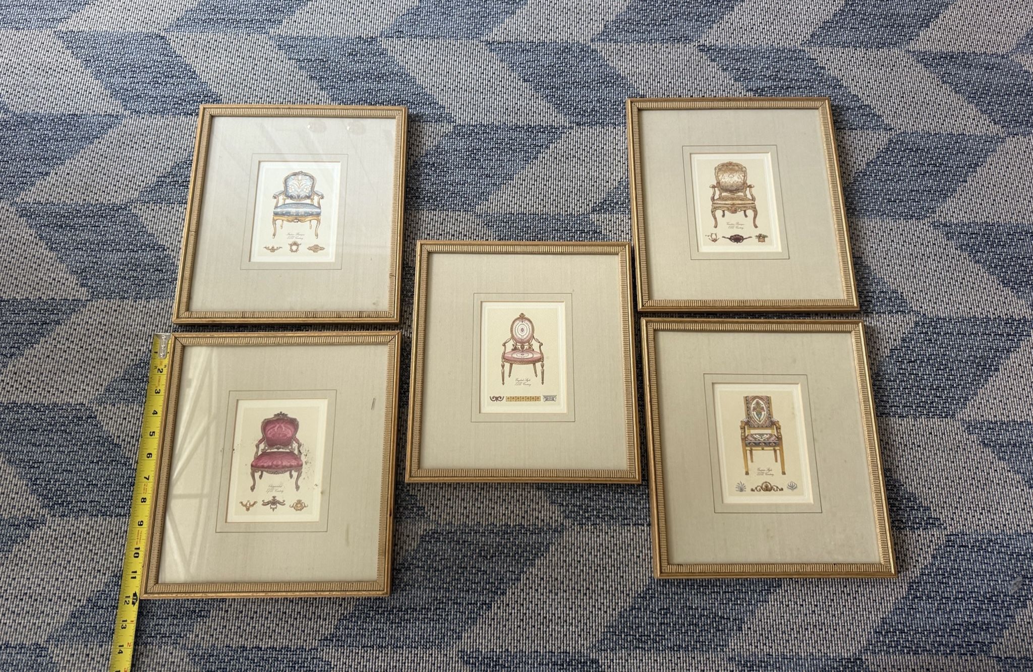 Lot of 5 vintage gold framed matted fancy arm chair pictures Italian English p/u Jamison, Pa 11”x12” frames