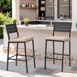 New Set of 2 Outdoor Metal Patio Bar Stools with Beige Cushions