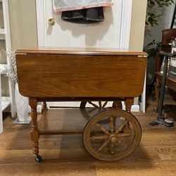 Vintage Maple Colonial Early American Drop Leaf Bar Cart, Tea Cart, with wooden rolling wheels!