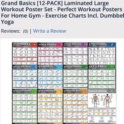 Grand Basics [12-PACK] Laminated Large Workout Poster Set - Perfect Workout Posters For Home Gym - Exercise Charts Incl. Dumbbel Yoga
