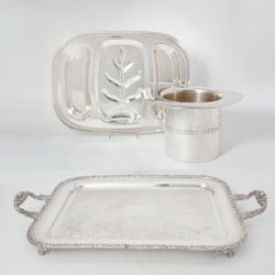 3 Silverplate Pieces Trays & Top Hat Cheers Wine Cooler 