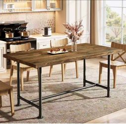 YT0073 63" Solid Wood Dining Table for 4-6, Industrial Kitchen Table with Metal Footrest