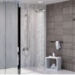 Brushed Nickel Shower Fixture 8 Inch Rain Shower Head Exposed Pipe Shower System Single handle C60 N