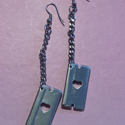 Y2K Silver Razor Heart Statement Earrings 