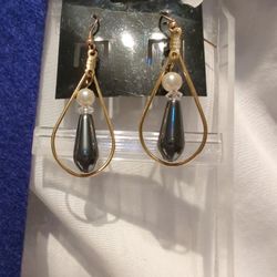 Earrings of Hematite and Pearl and Crystals 