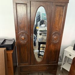 Vintage English Edwardian Style Mahogany Wardrobe Cabinet With Oval Mirror and Drawer