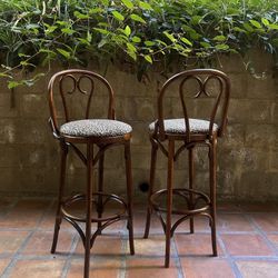 Vintage Mid Century Modern Bentwood Thonet Bistro Leopard Cheetah Print Barstools Counter Stools Set of 2 Chairs
