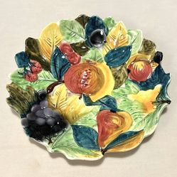Vintage Round Italian Colorful Polychrome Hand Painted Ceramic Majolica Fruit Platter Centerpiece