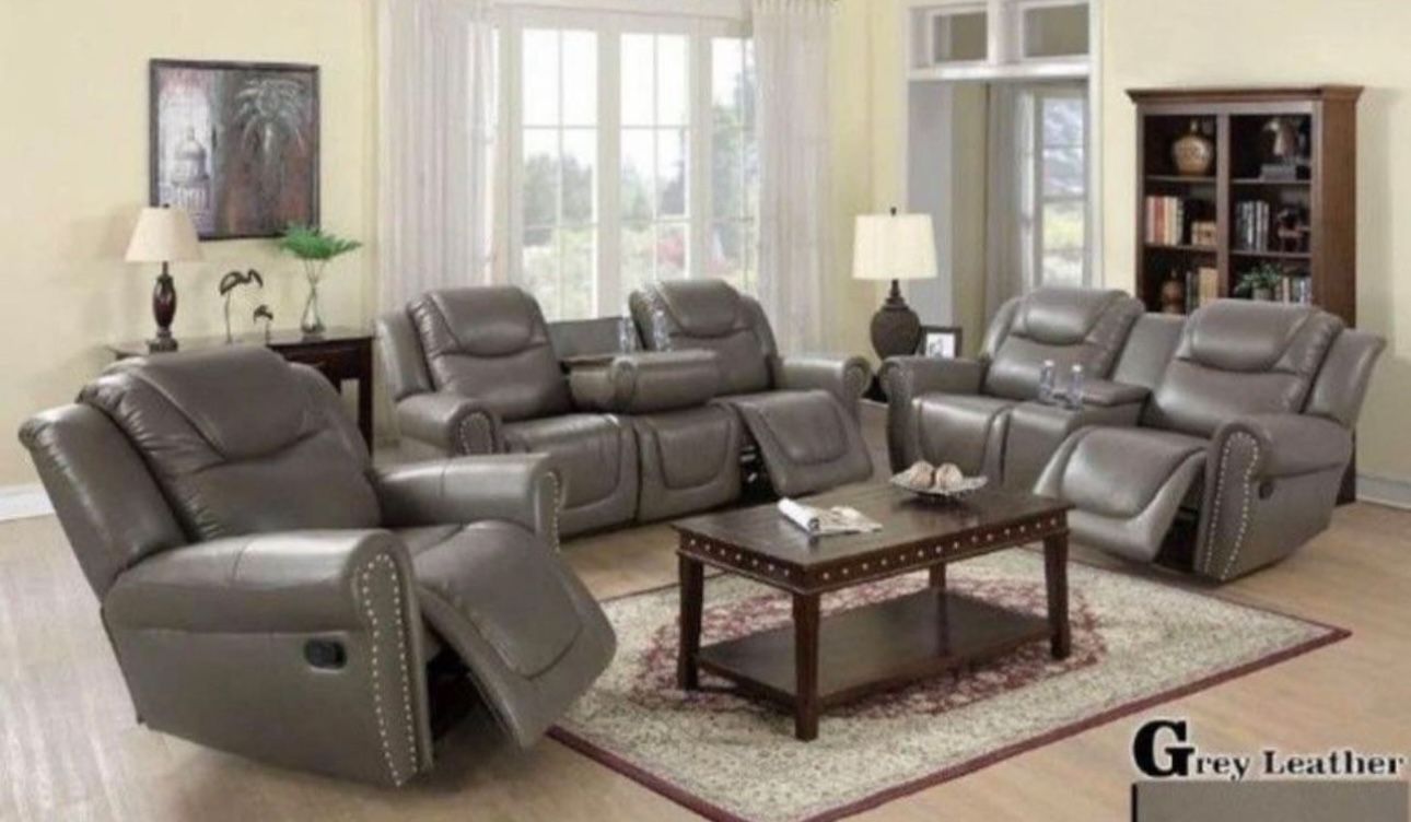 Gray Leather Fully Reclining Couch Set