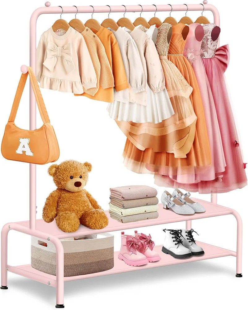 Kids Clothing Rack - Dress Up Storage - Dress Up Rack for Little Girls - Small Kids Costume Wardrobe with 2 Fabric Shelves - Princess Room Bedroom Dec