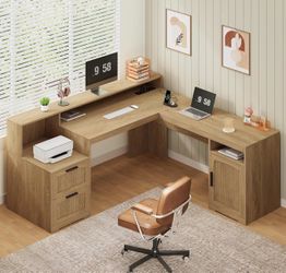 Natural Oak Fluted L Shape Computer Desk with Drawer