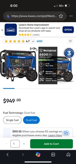 Electric Start, 7,500/9500,gas Generator 