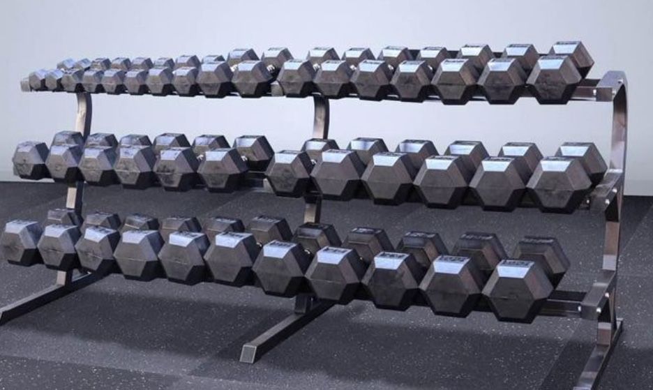 Set Rubber Hexagon Dumbells 2205 lbs Whit XL Rack  ALL BRAND NEW IN BOX Read Description