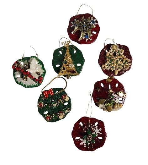 set of 7 hand decorated faux sand dollar Christmas ornaments 