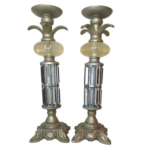 Vintage Pair Of Deco/Hollywood Regency Ornate Resin Glass Pillar Candle Holders