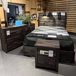 Brown Queen Bed, Dresser, Mirror And One Nightstand