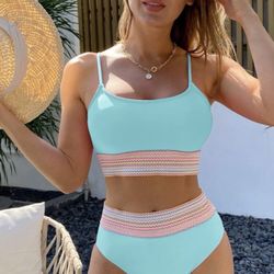 Striped Tape High Waisted Bikini Swimsuit